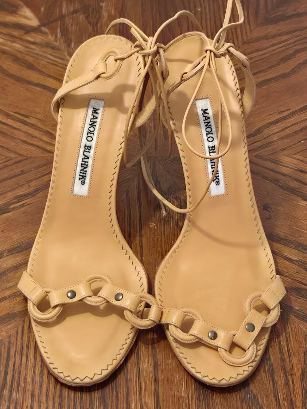 Manolo Blahnik Beige Leather Lace-Up Sandal Heels Size 37.5 (US 7.5) Made in Ita